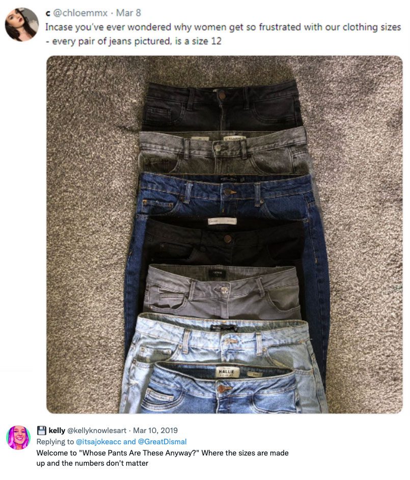 A tweet about inconsistent jeans sizes
