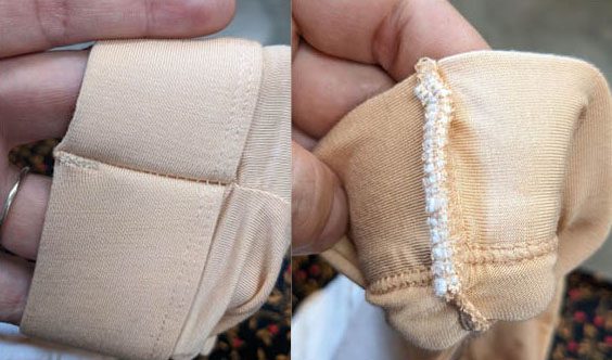 Smooth outside versus rough inside seams on a pair of panties