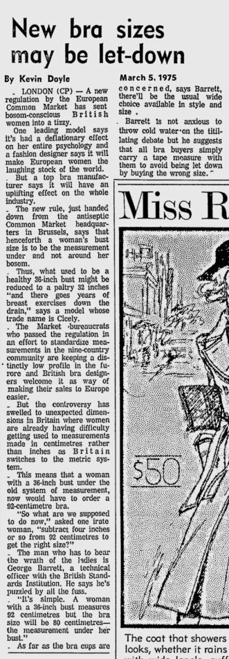 Newspaper article on modern bra sizing